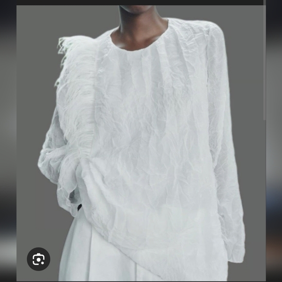 Zara Tops - Zara White Wrinkled Texture Feather Accent Blouse
